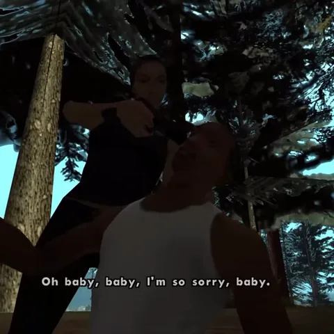 Анимация из игры GTA San Andreas: мужчина в белой майке стоит на коленях перед женщиной и просит прощения.