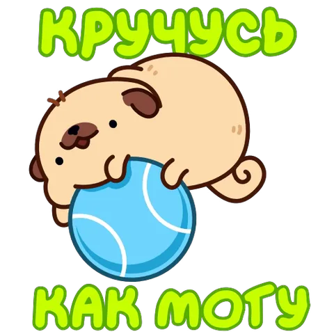 Анимированный стикер с пухлым бежевым мопсом, который обнимает синий мяч и крутится на месте. Надпись зеленым шрифтом: «КРУЧУСЬ КАК МОТУ».