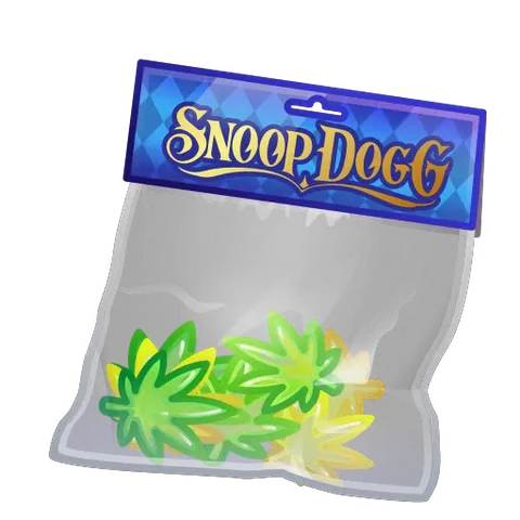 Анимированный стикер: прозрачный пакет с надписью Snoop Dogg и содержимым в виде конопляных листьев покачивается.