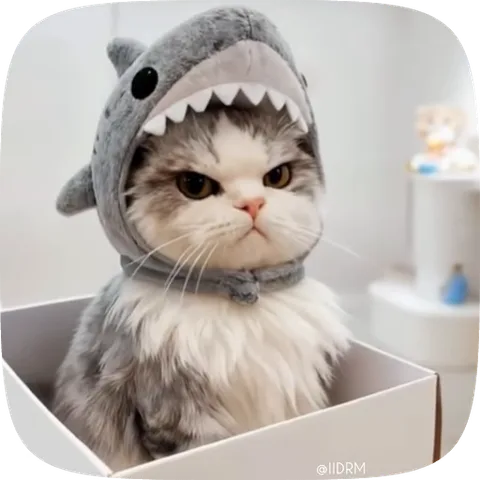 Кот в костюме акулы сердито смотрит из коробки