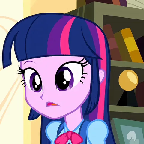 Анимация персонажа Твайлайт Спаркл из My Little Pony: Equestria Girls, которая сначала выглядит удивленной, потом хмурится и задумывается, прижав палец к лицу.