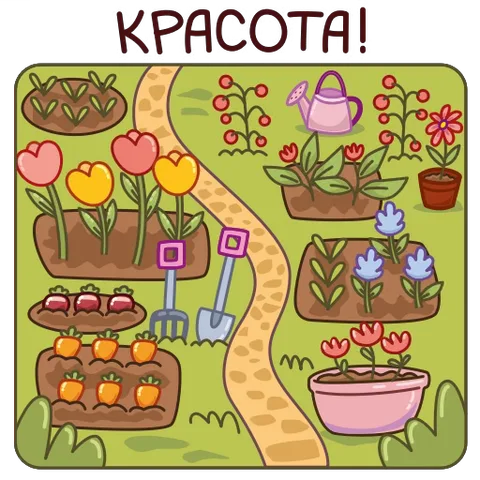 Садовый участок с дорожкой, цветами, морковкой и лейкой. Надпись «Красота!»