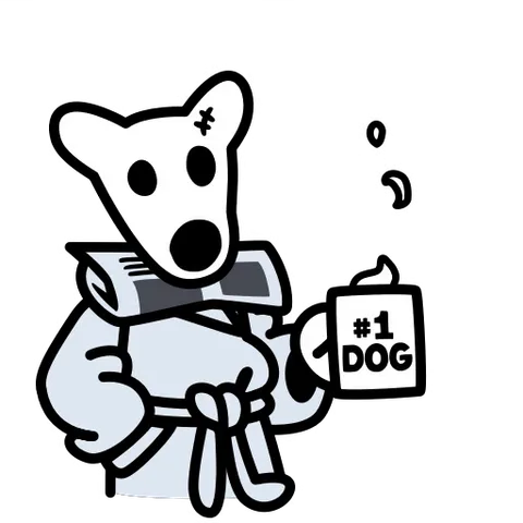 Мультяшный белый пёс в халате поднимает кружку с надписью #1 DOG, из которой идёт пар.