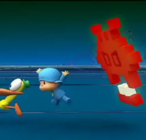 Анимация с Pocoyo и Pato, которые танцуют на синем фоне.