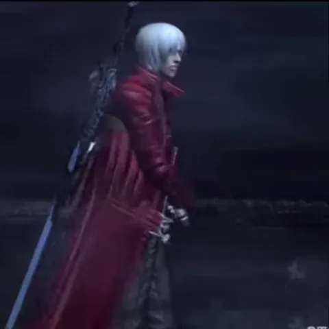 Анимация, где персонаж из игры Devil May Cry поворачивается и направляет дуло пистолета в камеру.