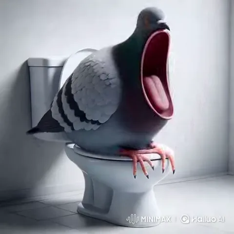 3D-анимация: серый голубь на белом унитазе открывает огромный рот для крика, а перед ним появляется испуганная деревянная фигурка человека.