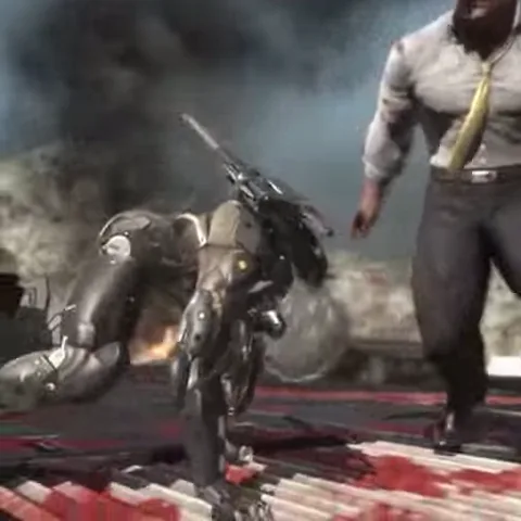Анимация из игры Metal Gear Rising: Revengeance, где персонаж Сэм склоняется над поверженным врагом.