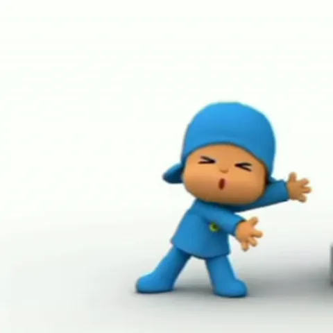 3D-персонаж Pocoyo в синей одежде весело танцует и прыгает на белом фоне.
