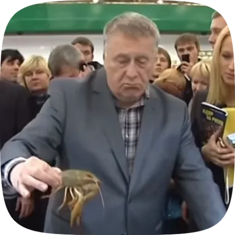 Анимация с пожилым мужчиной в деловом костюме, который держит рака перед зрителями.