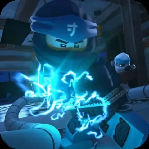 Анимация персонажа Джея из LEGO Ninjago, держащего в руках светящийся сгусток молнии.