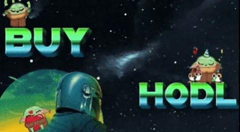 Космическая сцена с зелёным существом, фигурой в шлеме и текстом BUY HODL.