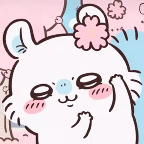 Анимация белого пушистого существа из набора Chikawa (персонаж Мизуки), которое блаженно щурится и облизывается под падающими лепестками сакуры.