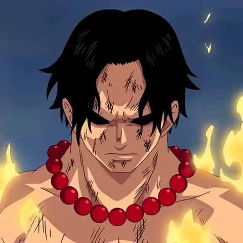 Анимация из One Piece: Портгас Д. Эс с закрытыми глазами и лицом в шрамах окружён жёлтым пламенем.