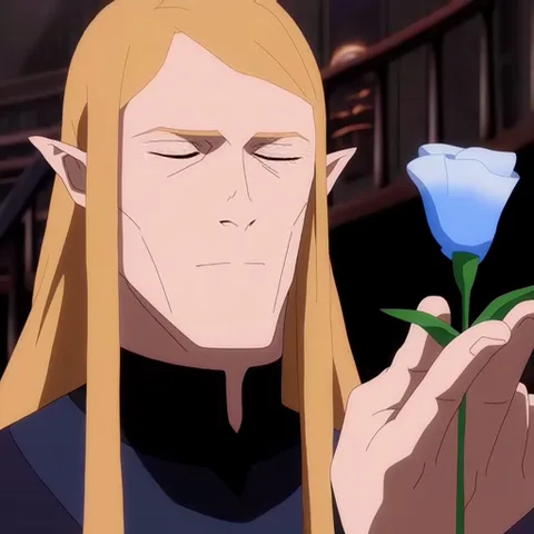 Анимация из сериала Dota: Dragon's Blood, где эльф наблюдает за тем, как его голубая роза вспыхивает магией и исчезает.