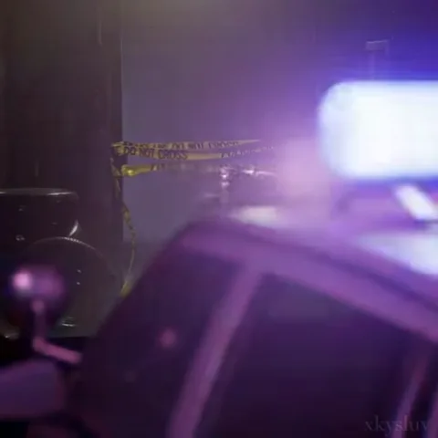 Анимация показывает темное помещение с желтыми полицейскими лентами и мигающими красно-синими огнями. В центре виден силуэт персонажа в куртке.