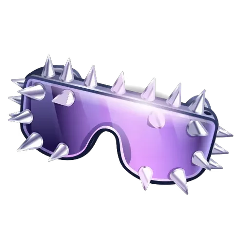 Анимация фиолетовых очков, усеянных острыми серебристыми шипами, которые плавно крутятся на прозрачном фоне.