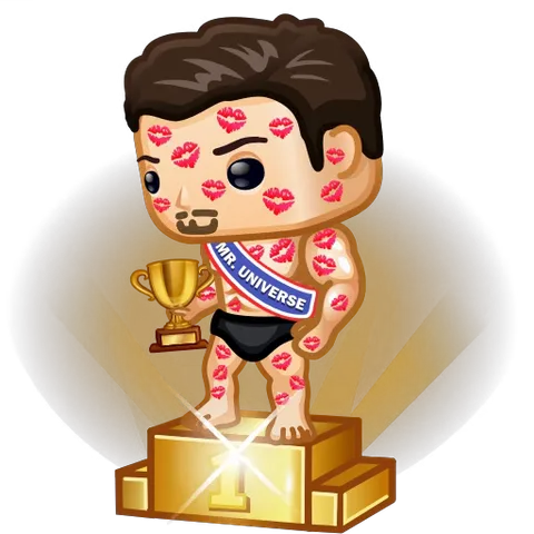 Анимация мультяшного мужчины в трусах на пьедестале с кубком, покрытого следами от поцелуев, с лентой победителя конкурса красоты.