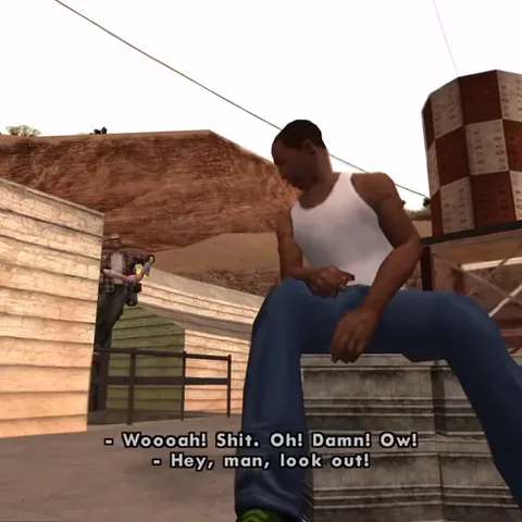 Анимация из игры GTA San Andreas: Каджи сидит на лестнице и смотрит на персонажа, летящего к нему на джетпаке, с текстом предупреждения внизу.