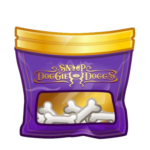 Анимированный фиолетовый пакет с золотой крышкой и надписью Snoop Doggie Doggs, внутри видны белые косточки. Пакет подпрыгивает.