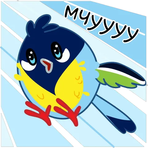 Анимированная стилизованная птичка синичка с надписью «Мчyyyy» на фоне лучей.