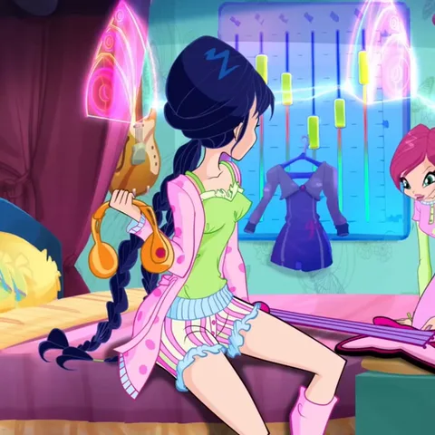 Анимация феи Музы из Winx Club, которая садится на кровать и надевает наушники.