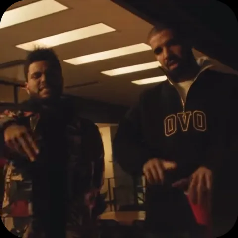 Анимация с Дрейком и The Weeknd, которые делают синхронные жесты руками перед камерой.