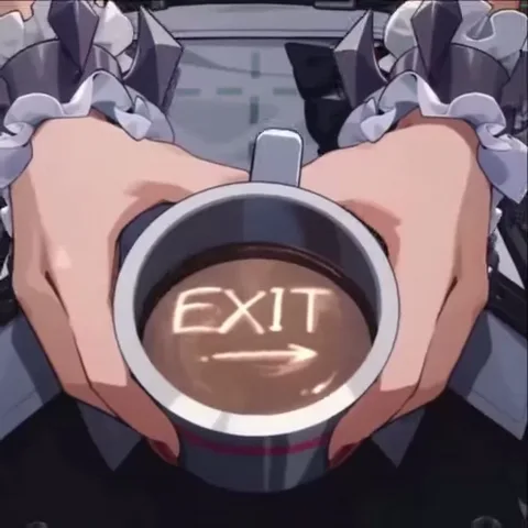 Девушка-горничная с красными глазами держит чашку с надписью «EXIT» и предлагает уйти.