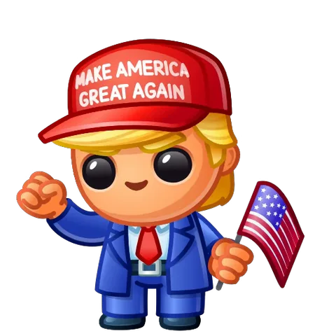 Мультяшный персонаж с золотистыми волосами в красной кепке с надписью «MAKE AMERICA GREAT AGAIN» и синем деловом костюме. Он держит маленький американский флаг и поднимает кулак. В процессе анимации он получает травму, из-за чего по лицу течёт кровь.