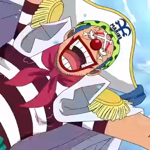 Анимация персонажа Багги из One Piece в белой накидке адмирала, который смеется на фоне неба.