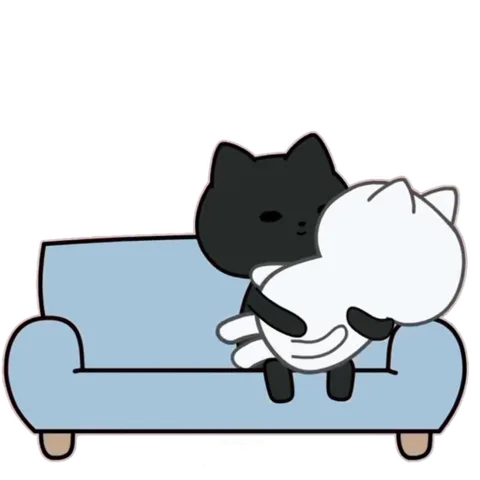 Чёрный и белый котики обнимаются на голубом диване.