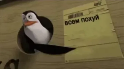 Анимированный пингвин из мультика смотрит в камеру, рядом лежит листок бумаги с текстом «всем похуй».