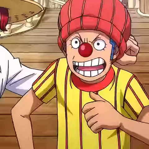 Анимация из аниме One Piece: рыжеволосый парень в соломенной шляпе (Шанкс) смеется и обнимает клоуна с красным носом (Багги), который тоже улыбается и поднимает большой палец.