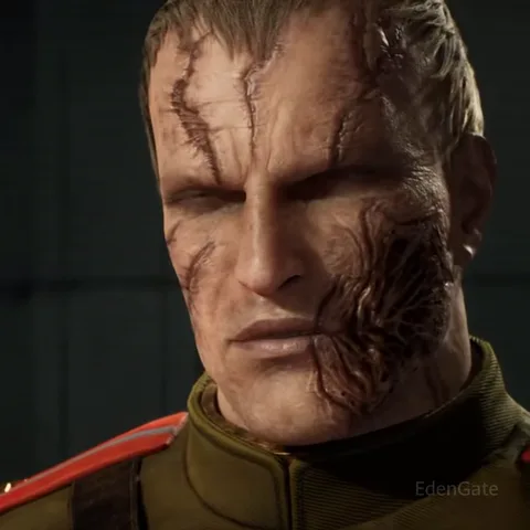 Анимация из игры Metal Gear Solid Delta, где мужчина со шрамами на лице стоит напротив молодого офицера в военной форме.