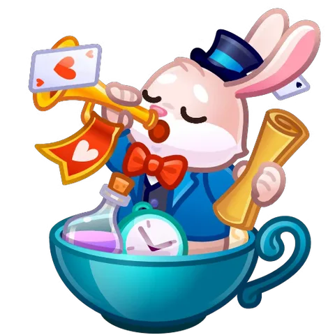 Анимированный кролик в шляпе magiciana играет на трубе из чашки с чаем.