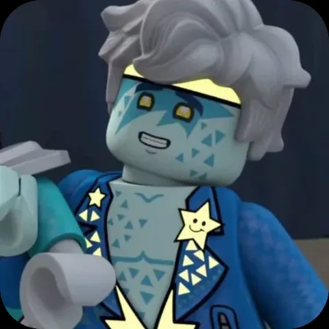 Анимация персонажа Джея из LEGO Ninjago в синем костюме со звёздами, который покачивается.