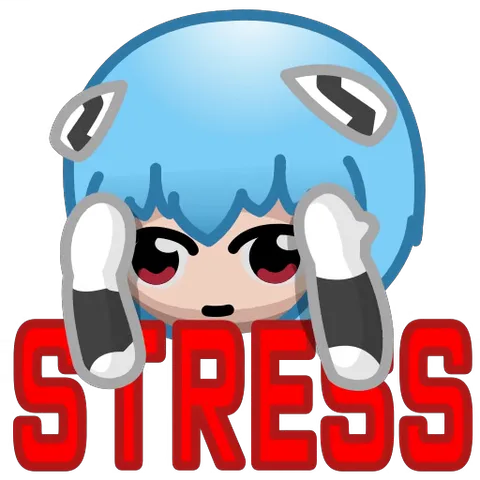 Стикер с плюшевой Аянами Рей, которая зажимает уши на фоне надписи STRESS и красных молний.