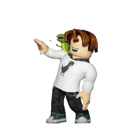 Анимированный персонаж в стиле Roblox с коричневыми волосами, белой футболкой с принтом динозавра и зелёным динозавром на плече танцует на прозрачном фоне.