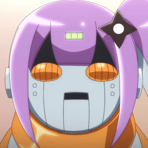 Робот с фиолетовыми волосами и большими жёлтыми глазами краснеет и открывает рот.