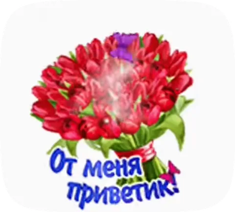 Букет красных тюльпанов, из которого исходит лёгкое свечение, с синей надписью «От меня приветик!» и порхающими рядом бабочками.