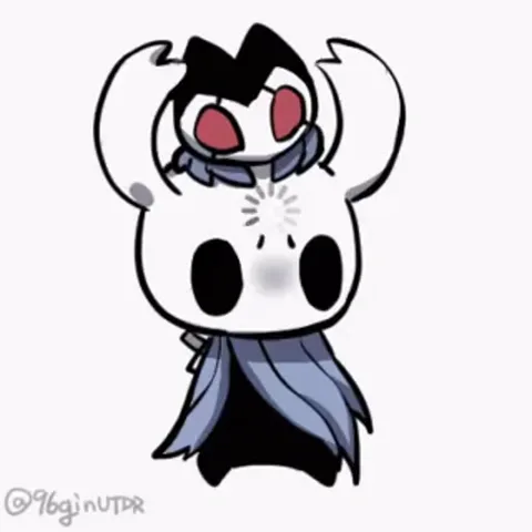 Анимация из игры Hollow Knight: персонаж Хорнет сидит на голове персонажа Жалкого, оба выглядят мило и комично.
