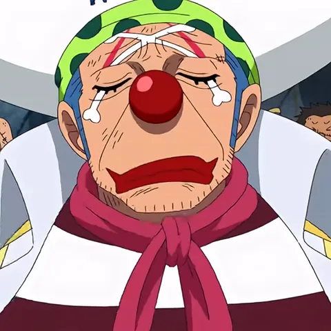 Анимация с персонажем из аниме One Piece: клоун с красным носом и зеленым колпаком сначала льет слезы, а потом скалится и высовывает язык.