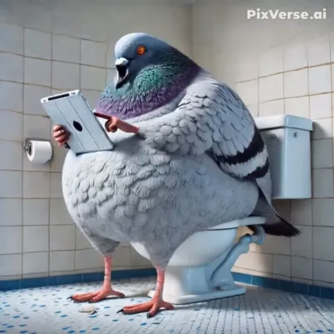 3D-анимация толстого голубя на унитазе, который читает планшет, пугается и роняет его.