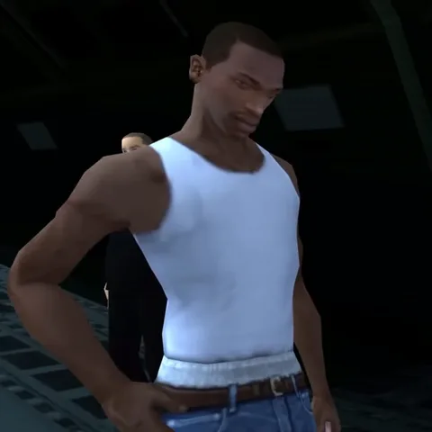 Анимация персонажа из игры GTA San Andreas: мужчина в белой майке достаёт телефон с антенной и прижимает его к уху.