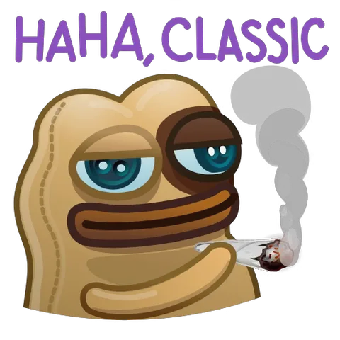 Анимация желтого существа, курящего сигарету на фоне текста HAHA, CLASSIC.