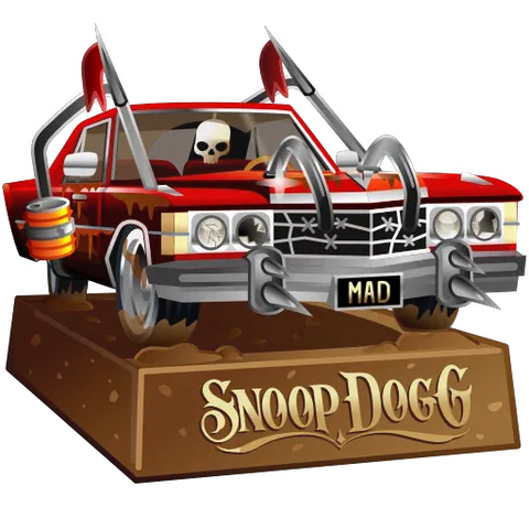Красный автомобиль лоу-райдер с черепом внутри и надписью Snoop Dogg на постаменте, совершающий прыжки.