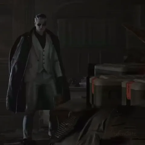 Кинематографичная сцена: мужчина с бородой целится из оружия, затем появляется злодей в белом жилете и черном плаще, поправляющий очки.