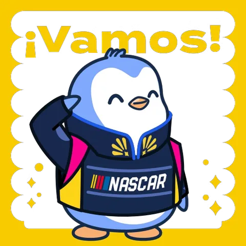Анимированный стикер с пингвином в куртке NASCAR, который жестикулирует и подмигивает.
