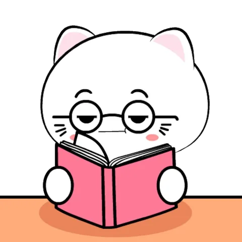 Анимация белого кота в очках, который сидит за столом и читает розовую книгу, перелистывая страницы лапой.