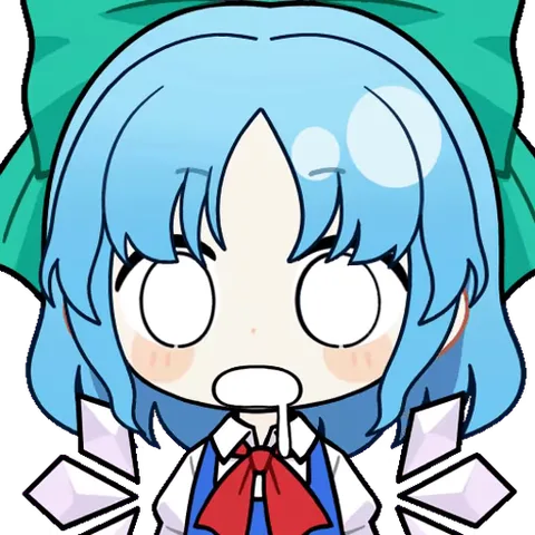 Цирно из Touhou Project с широко раскрытыми глазами без зрачков и открытым ртом, демонстрирующая реакцию шока или непонимания.