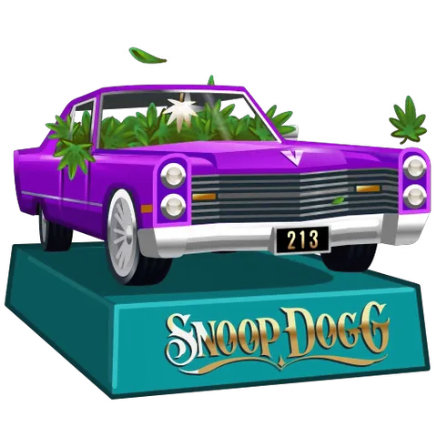 Фиолетовый лоурайдер на подставке с надписью Snoop Dogg, из машины растут листья.